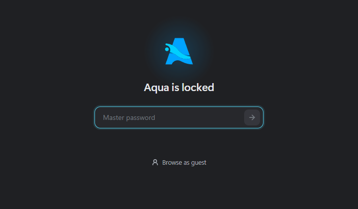 Aqua's lock screen: the Aqua logo, 'Aqua is locked', a master password field and a 'Browse as guest' link.